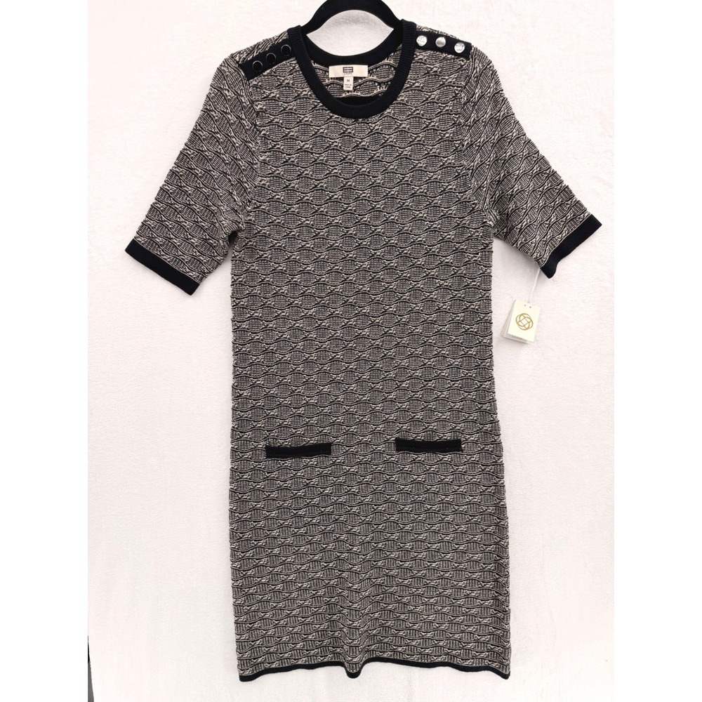 E3 by Etcetera Black Cream Metallic Knit Shift Dress Medium Old Money Mob Wife